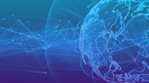 A graphic of a globe with lines representing data