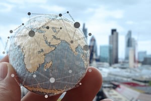 close up of businessman hand showing texture the world with digital social media network diagram concept Elements of this image furnished by NASA london city background-2
