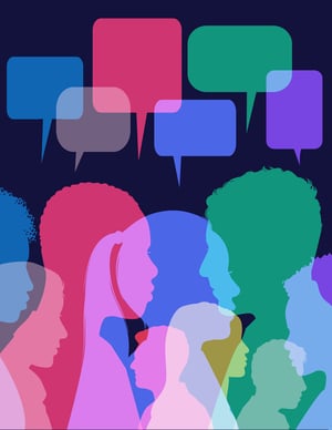 An illustration of people talking with multicolored speech bubbles