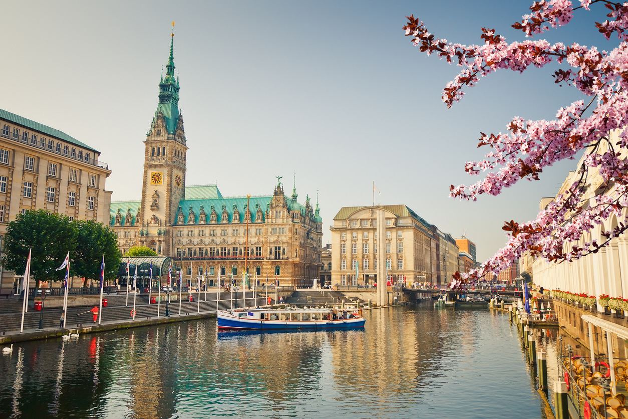 A photo of Hamburg City Hall and the Alster lake in spring